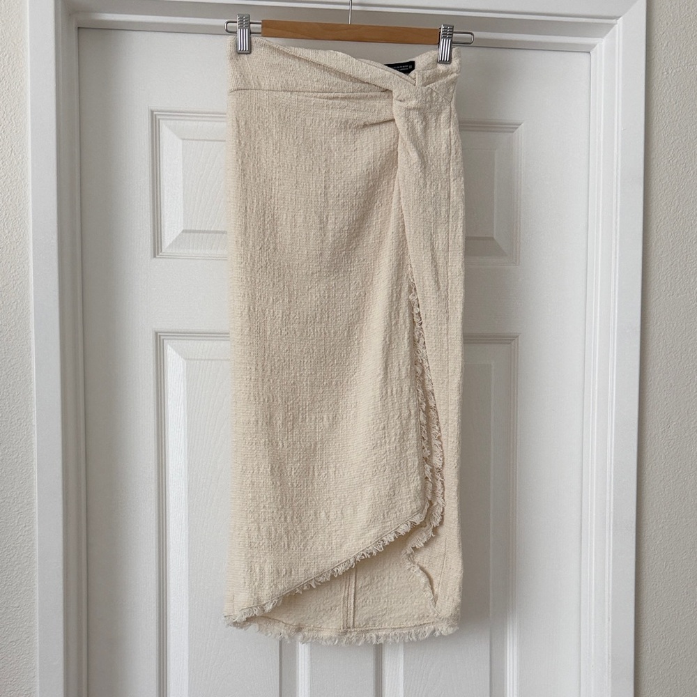 Zara Cream Textured Wrap Midi Skirt with Fringe